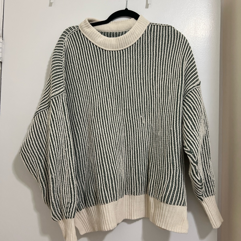 Aerie Green and Cream Striped Mockneck Sweater